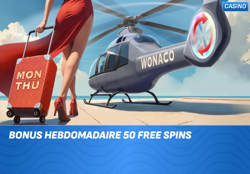 Bonus hebdomadaire de 50 Free Spins avec valise rouge et hélicoptère Wonaco