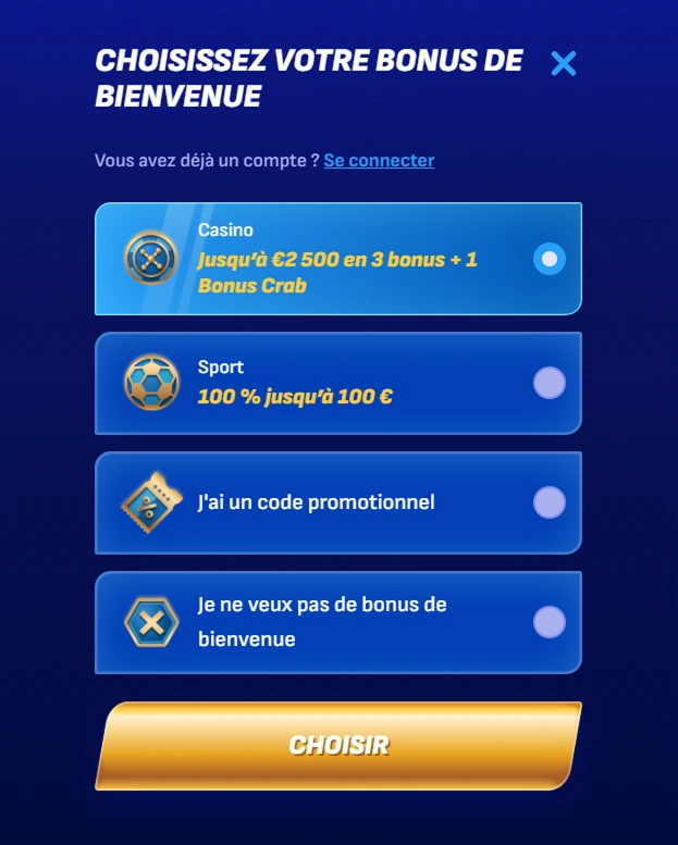 Choix du bonus de bienvenue sur Wonaco : casino, sport ou code promo