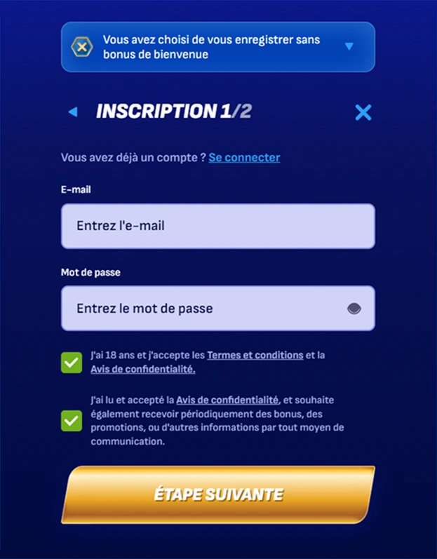 Formulaire d’inscription Wonaco : saisie de l’e-mail et mot de passe avec cases à cocher