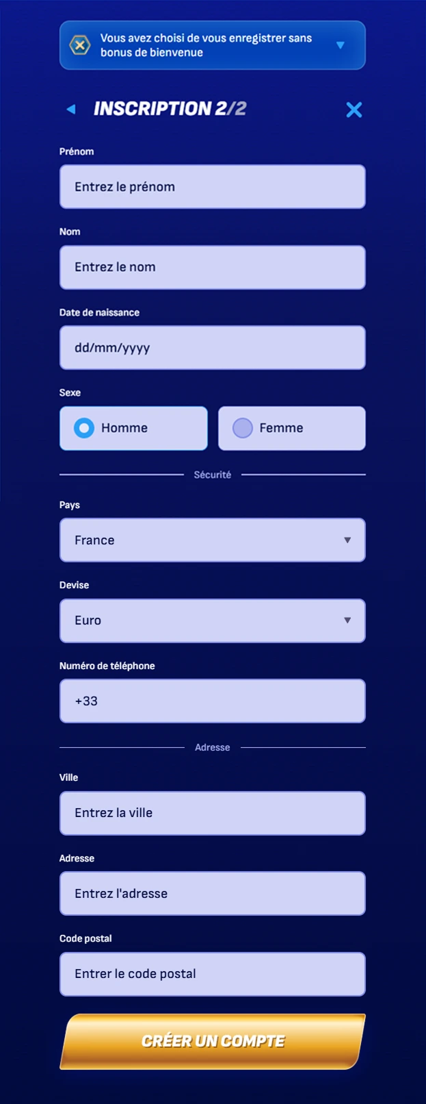 Formulaire d’inscription Wonaco : infos personnelles, pays, téléphone et adresse