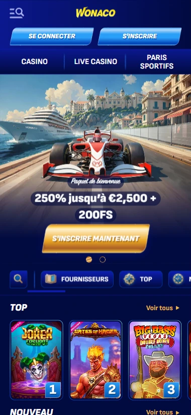 Page d’accueil mobile de Wonaco avec bonus 2500€ et jeux populaires