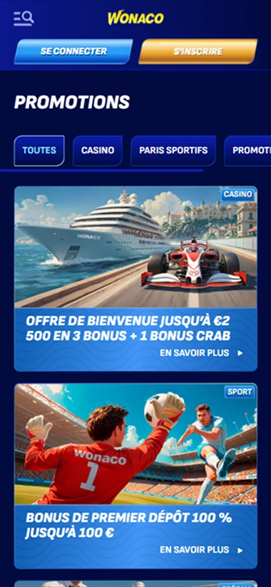 Page promotions mobile avec bonus de dépôt et Bonus Crab