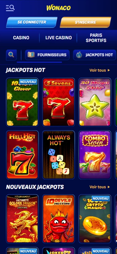 Section jackpots hot sur mobile avec slots comme HellHot, 5 Sevens, Combo Seven